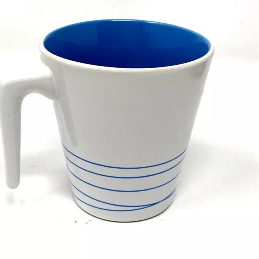 IKEA MUG White W Stripes & Blue Interior 15199 L Hook Handle Coffee Tea Mug Cup